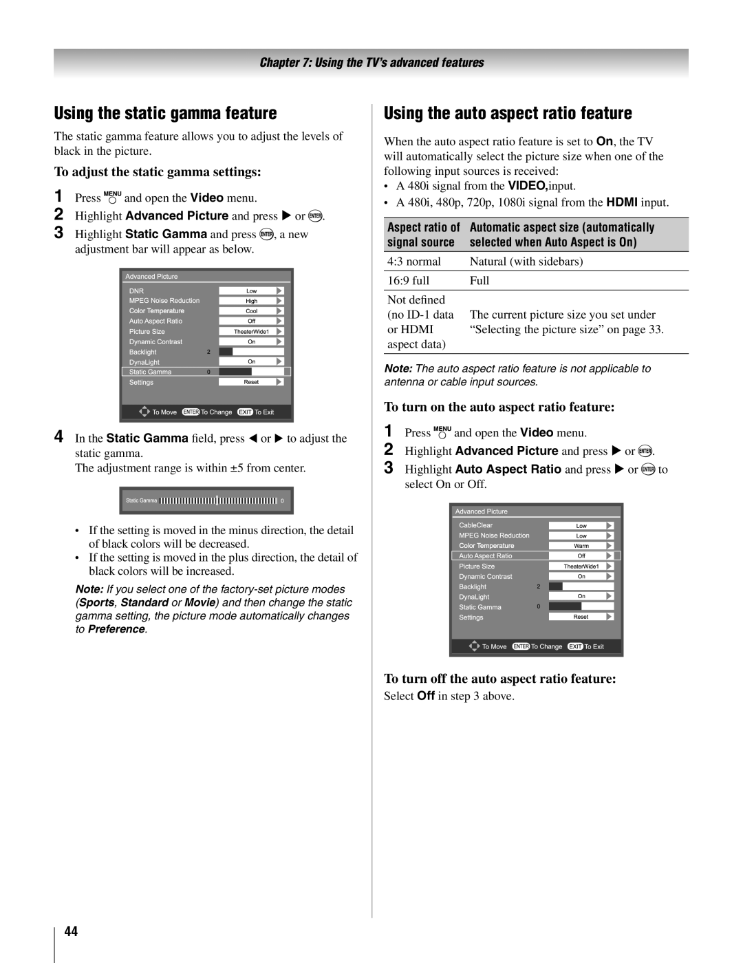 Toshiba 19AV500U Using the static gamma feature, Using the auto aspect ratio feature, To adjust the static gamma settings 