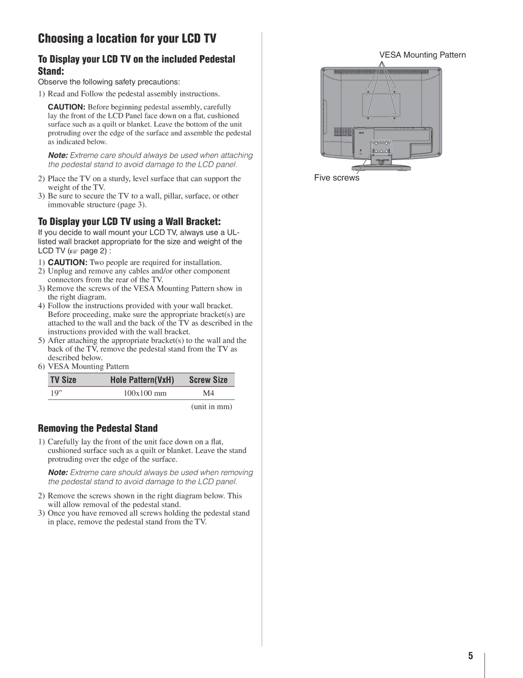 Toshiba 19AV500U manual Choosing a location for your LCD TV, To Display your LCD TV on the included Pedestal Stand 