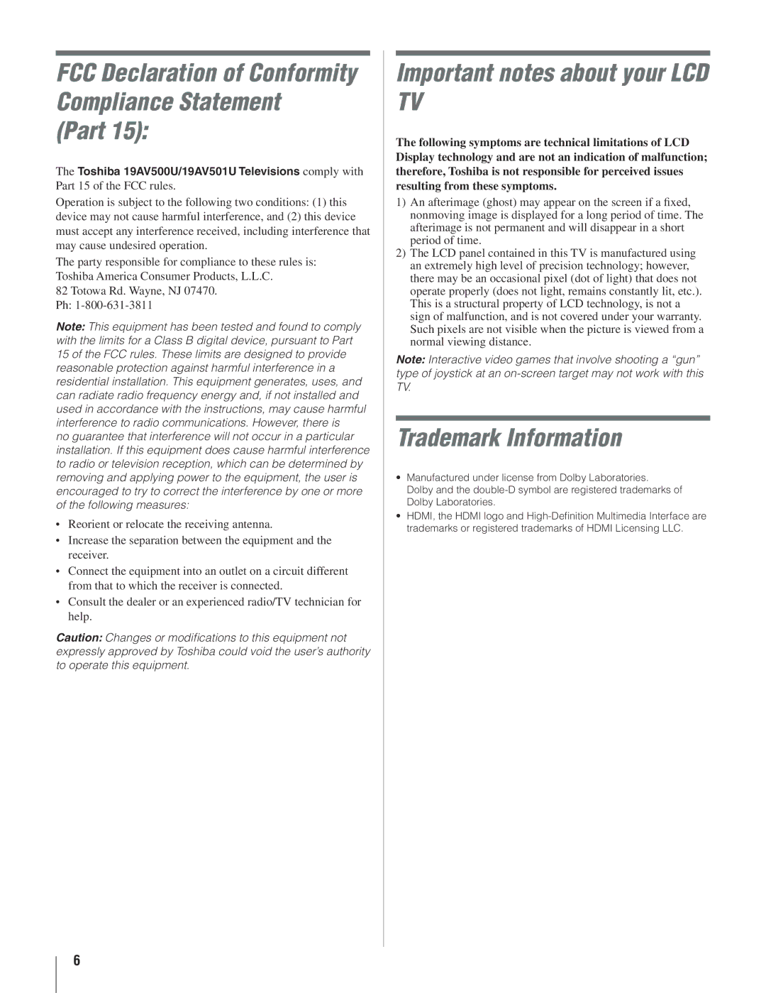 Toshiba 19AV500U manual Part, Important notes about your LCD TV, Trademark Information 