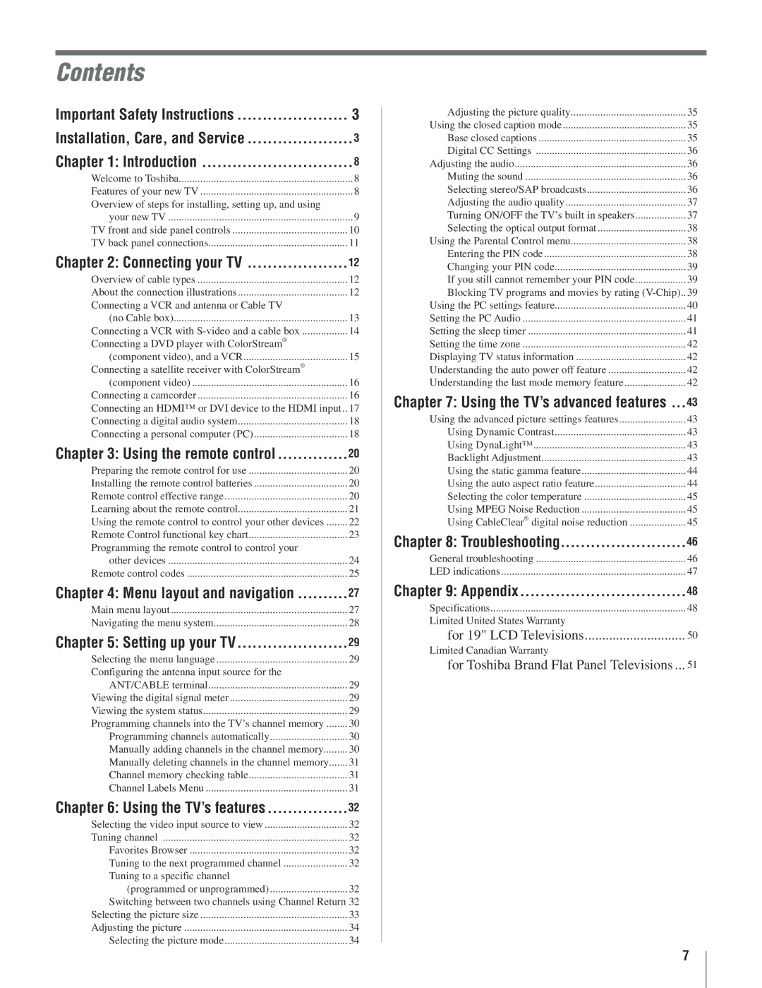 Toshiba 19AV500U manual Contents 