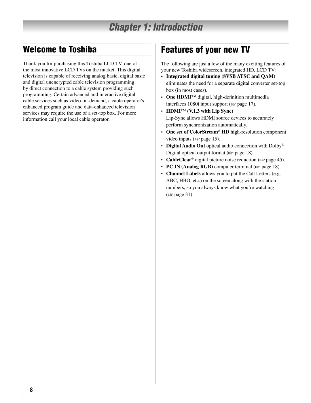 Toshiba 19AV500U manual Introduction, Welcome to Toshiba, Features of your new TV 