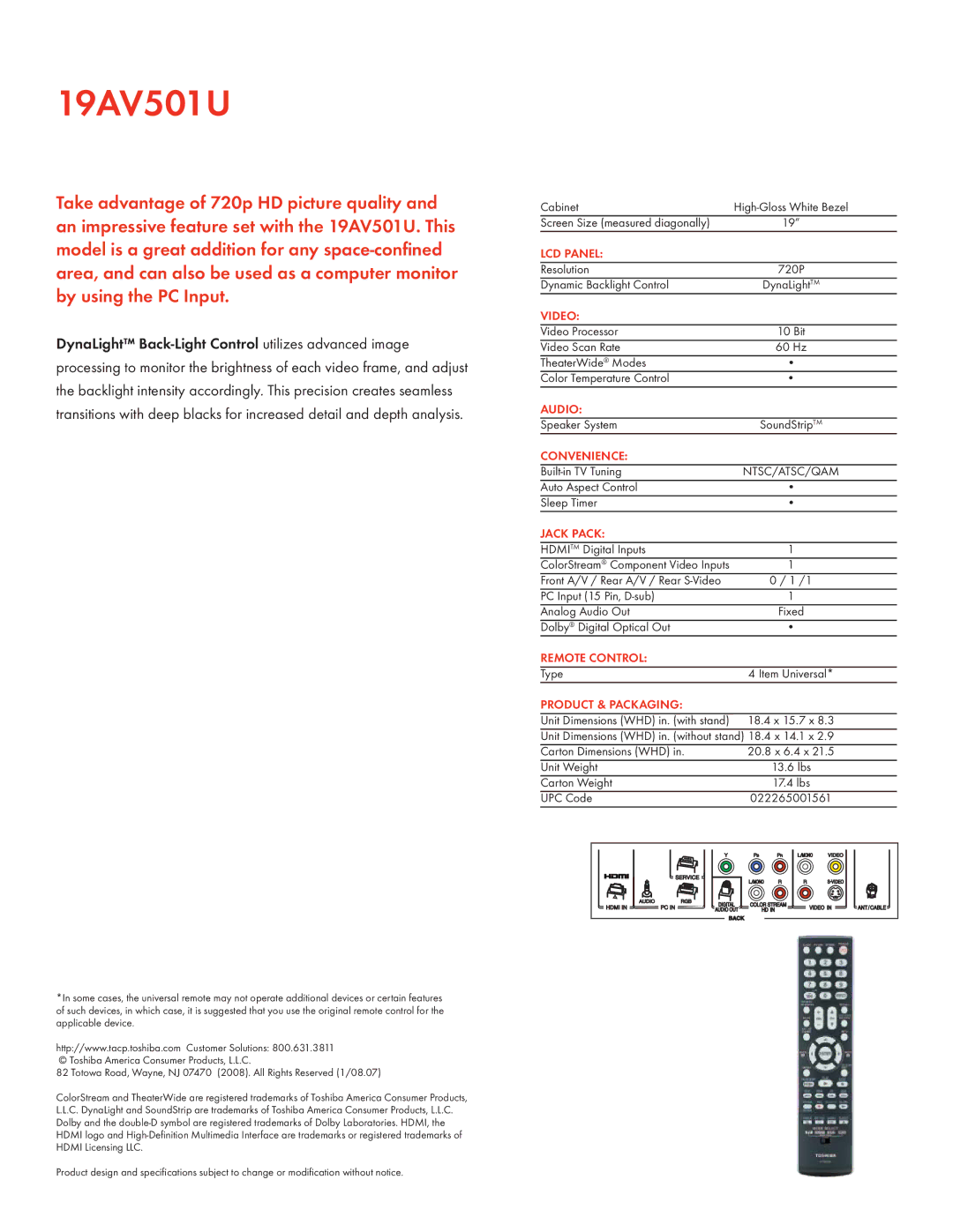 Toshiba 19AV501U manual LCD Panel, Video, Audio, Convenience, Jack Pack, Remote Control, Product & Packaging 