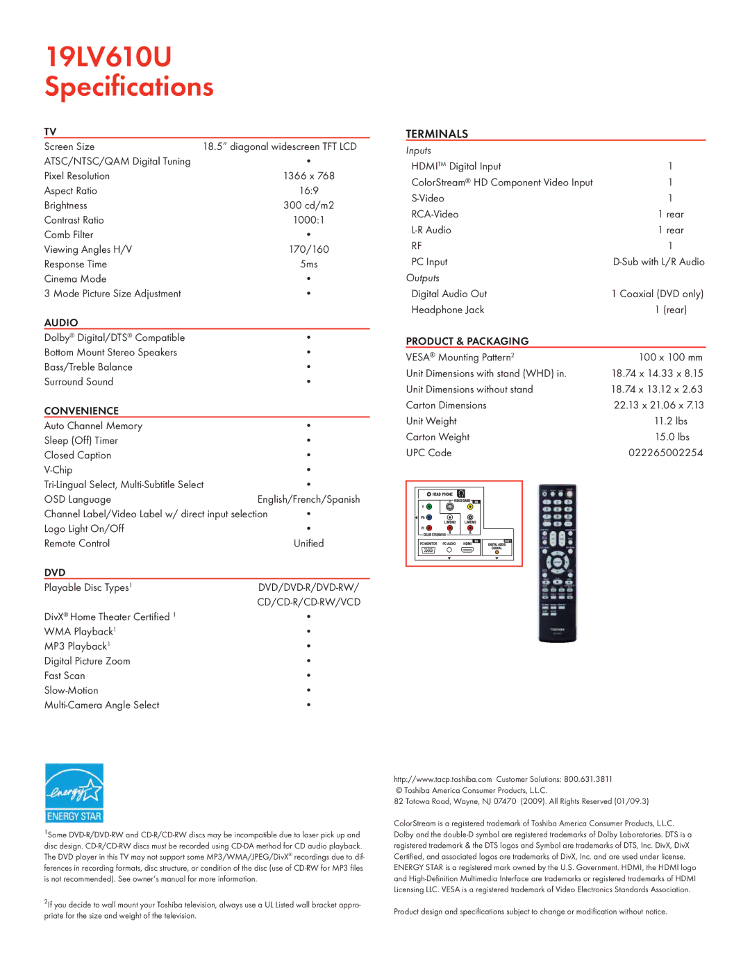 Toshiba 19LV610U manual Audio, Convenience, Dvd, Product & Packaging 