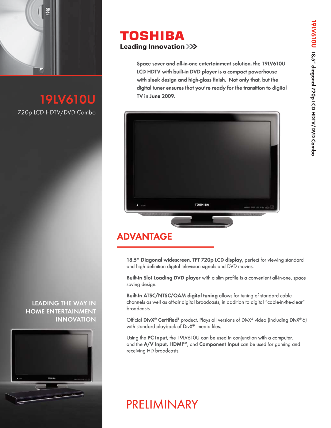 Toshiba manual 720p LCD HDTV/DVD Combo, Preliminary, Advantage, 19LV610U 18.5” 