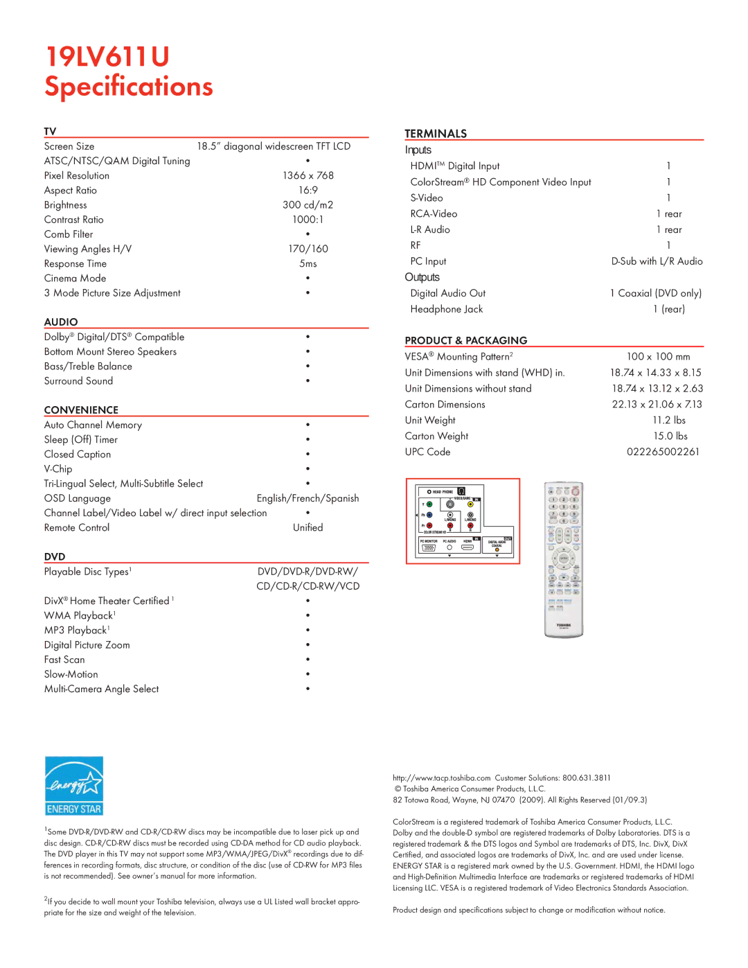 Toshiba 19LV611U manual Audio, Convenience, Dvd, Product & Packaging 