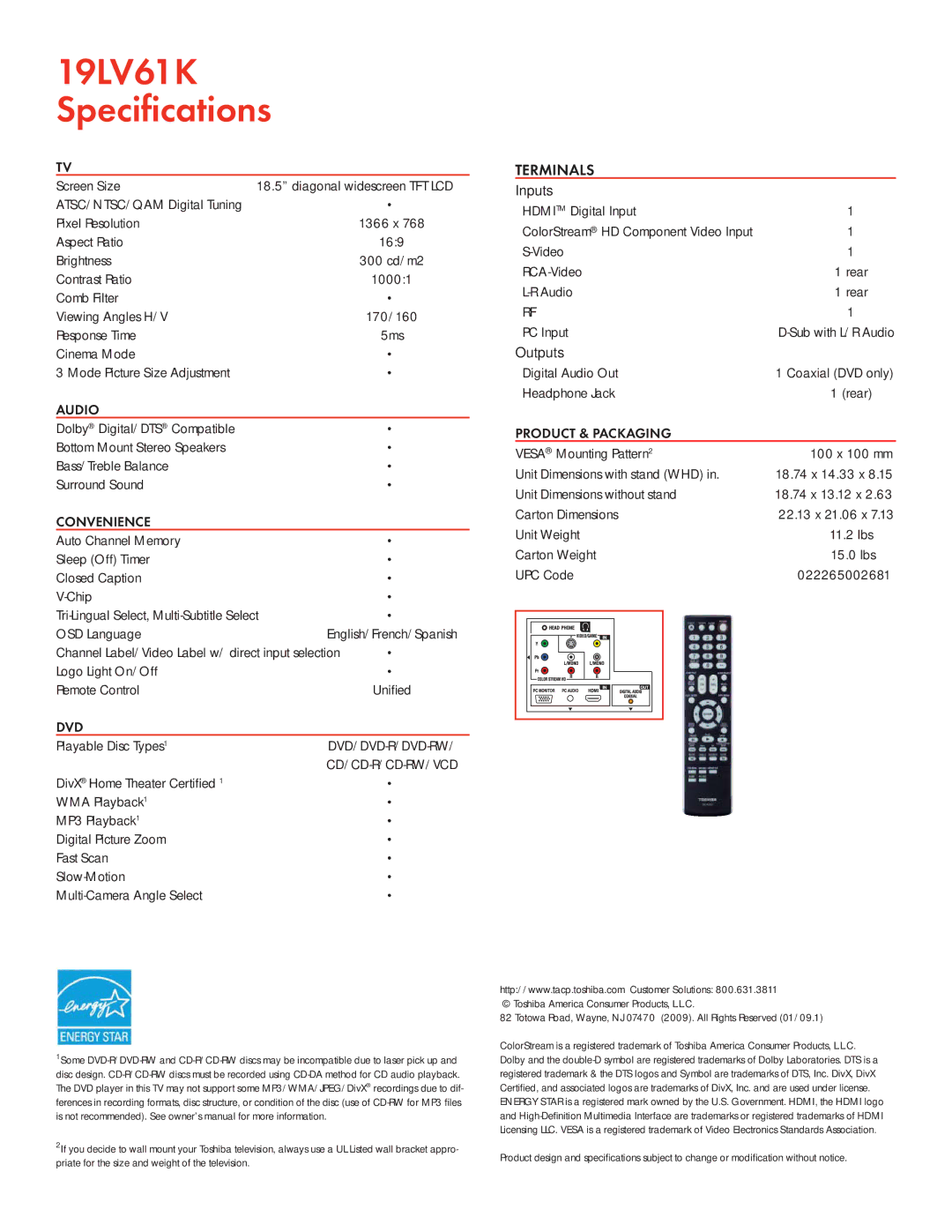 Toshiba 19LV61K manual Audio, Convenience, Dvd, Product & Packaging 