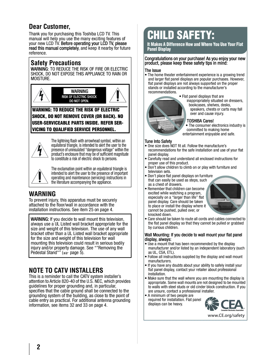 Toshiba 19SL410U manual Dear Customer, Safety Precautions 