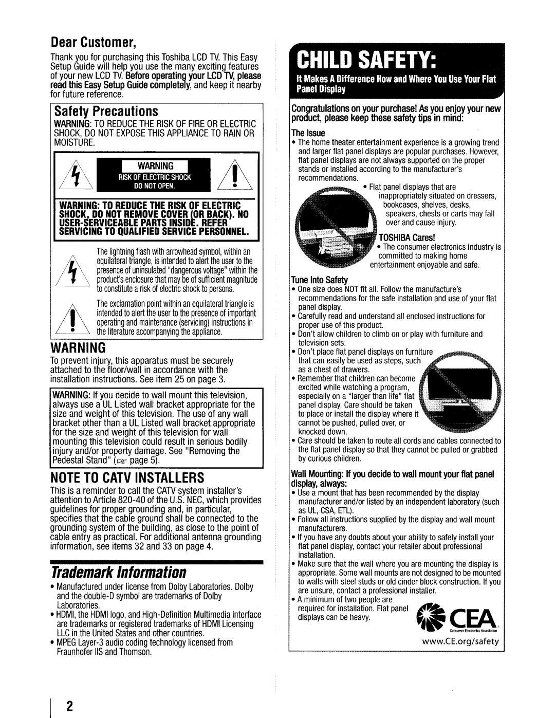 Toshiba 19SL410U manual Dear Customer, Safety Precautions 