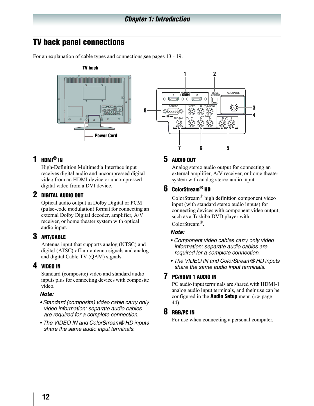 Toshiba 19SL410U manual TV back panel connections, ColorStream HD, For use when connecting a personal computer 