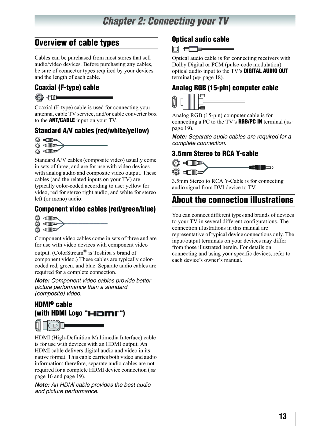 Toshiba 19SL410U manual Connecting your TV, Overview of cable types, About the connection illustrations 