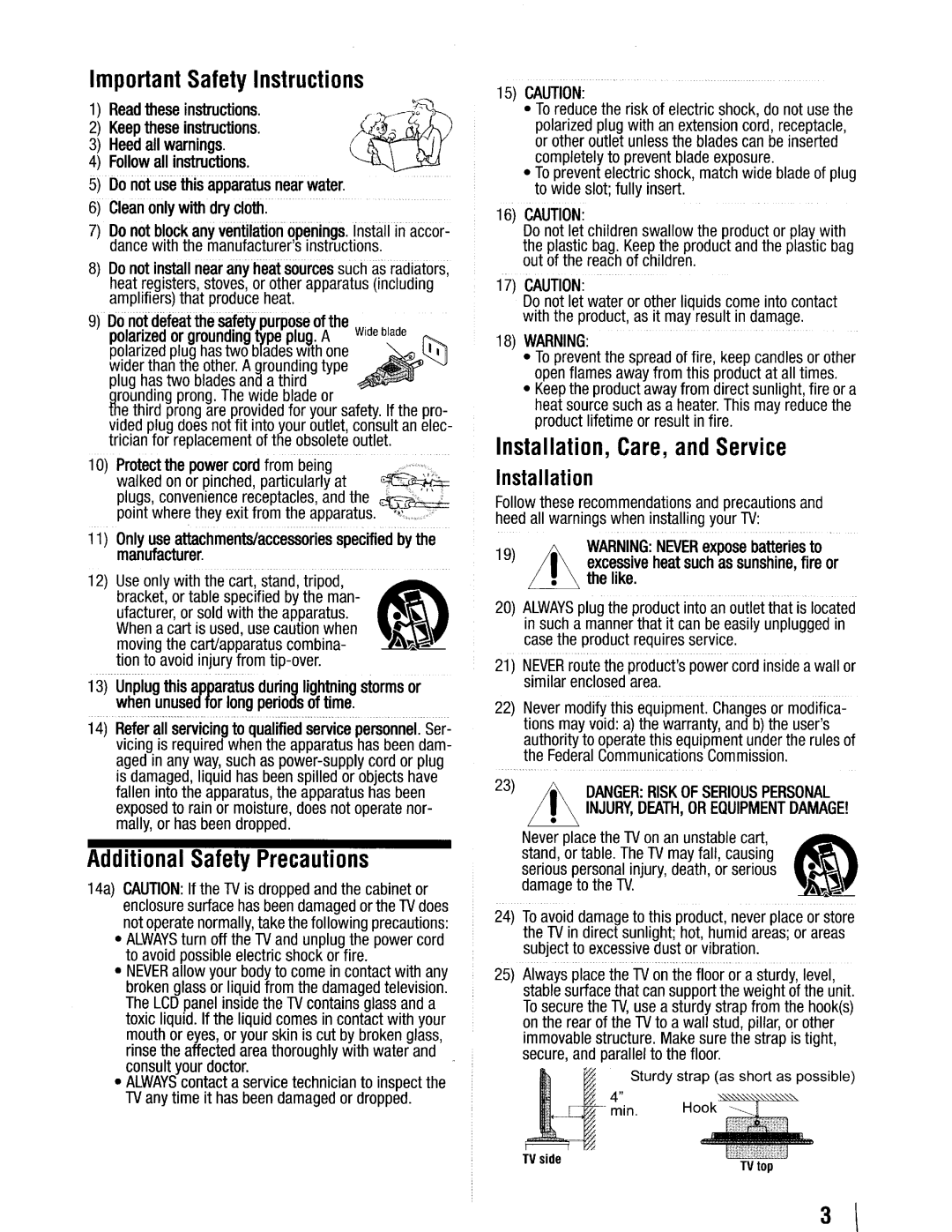 Toshiba 19SL410U manual Important Safety Instructions, Additional Safety Precautions, Installation, Care, and Service 