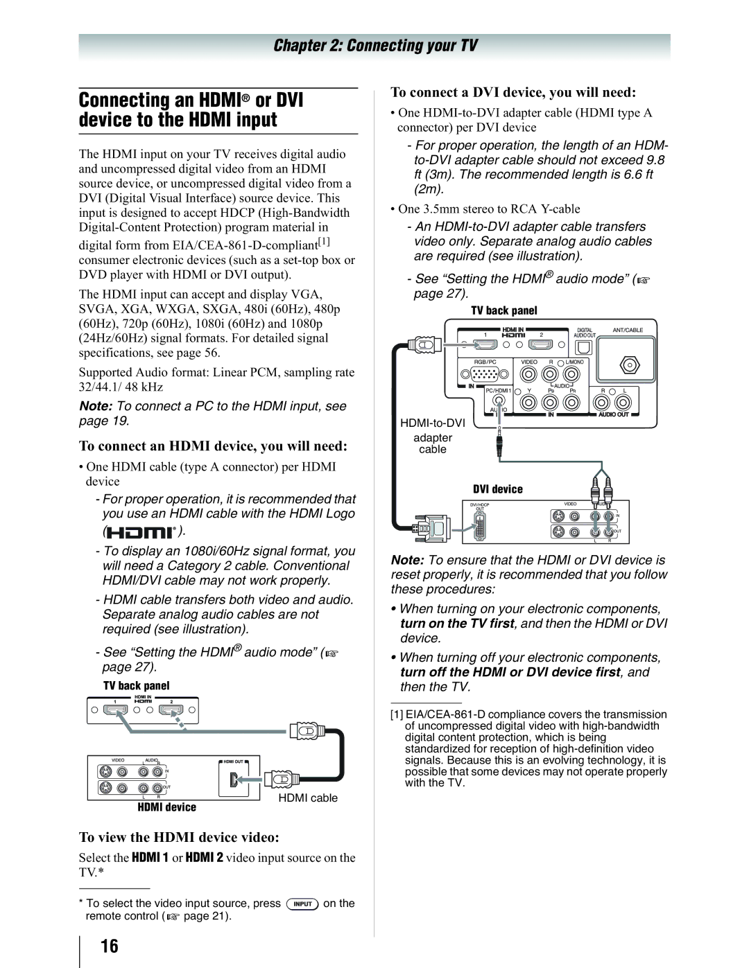 Toshiba 19SL410U manual Connecting an Hdmi or DVI device to the Hdmi input, To connect an Hdmi device, you will need 