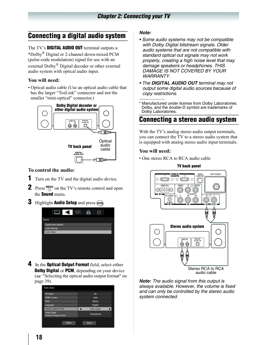 Toshiba 19SL410U Connecting a stereo audio system, To control the audio, Selecting the optical audio output format on 