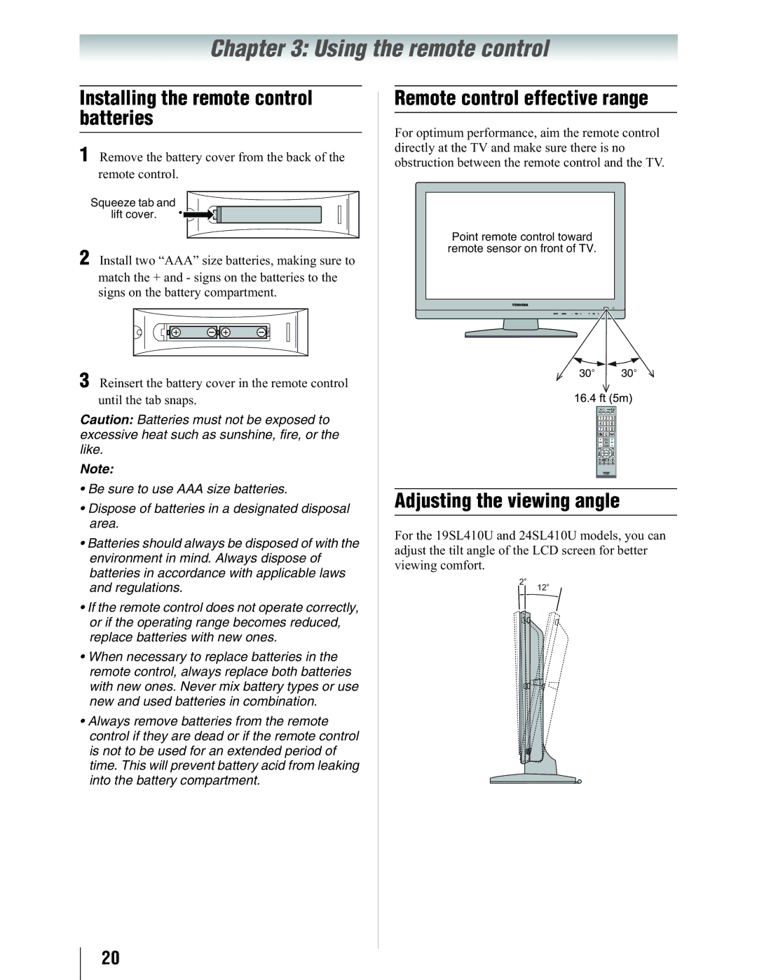 Toshiba 19SL410U manual Using the remote control, Installing the remote control batteries, Remote control effective range 