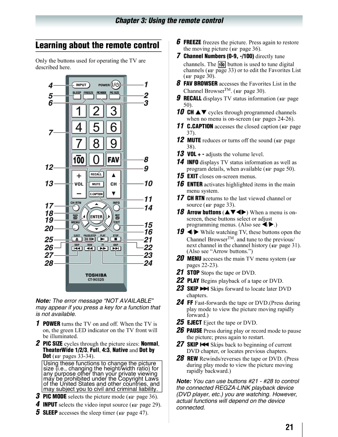 Toshiba 19SL410U manual TheaterWide 1/2/3, Full, 43, Native and Dot by Dot pages, Channel Numbers 0-9, -/100 directly tune 