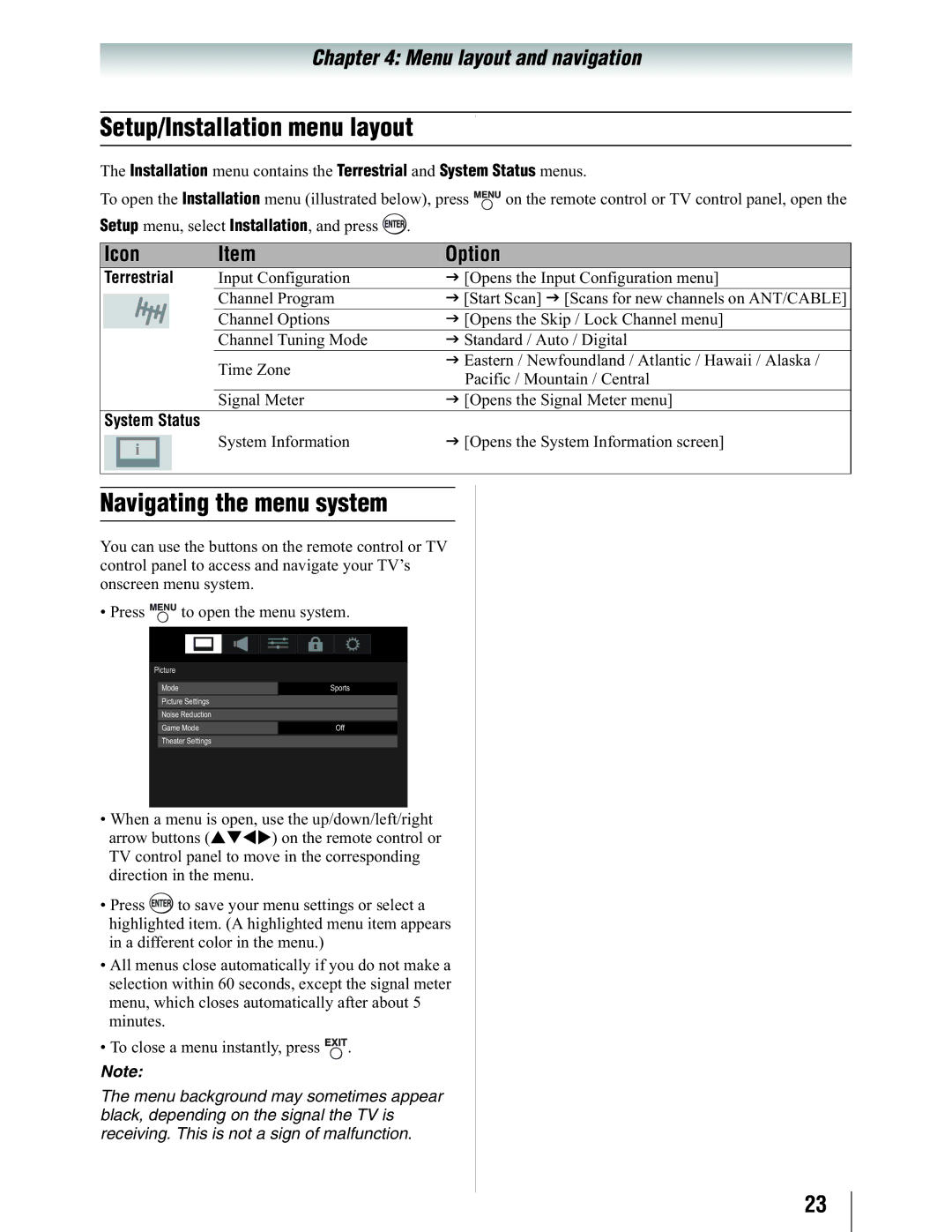 Toshiba 19SL410U manual Setup/Installation menu layout, Navigating the menu system, Terrestrial, System Status 