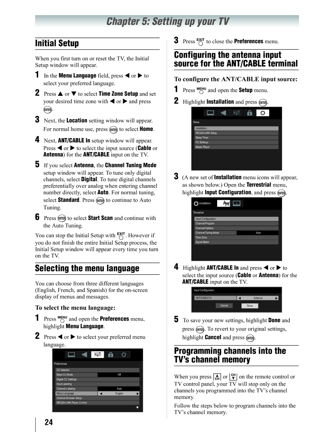 Toshiba 19SL410U manual Setting up your TV, Initial Setup, Selecting the menu language 