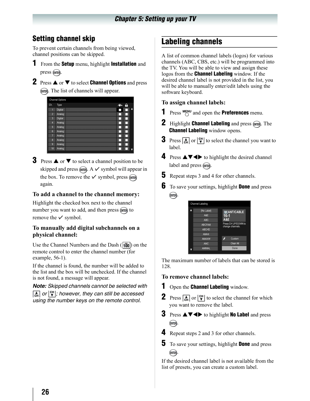 Toshiba 19SL410U manual Labeling channels, Setting channel skip 