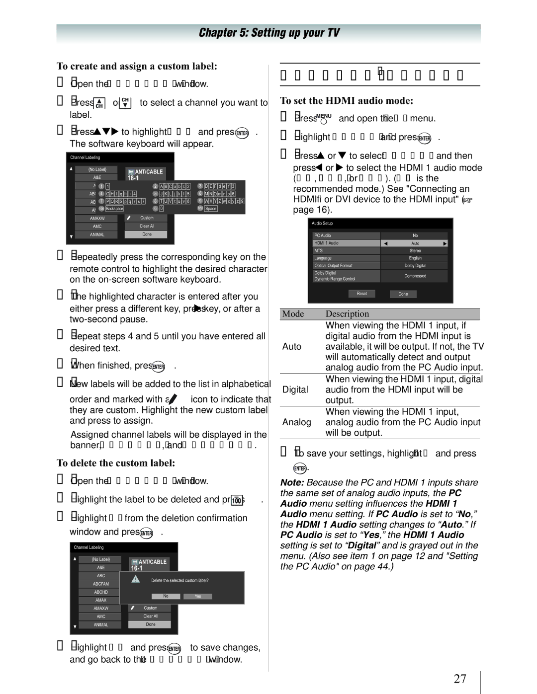 Toshiba 19SL410U manual Setting the Hdmi audio mode, To create and assign a custom label, To delete the custom label 