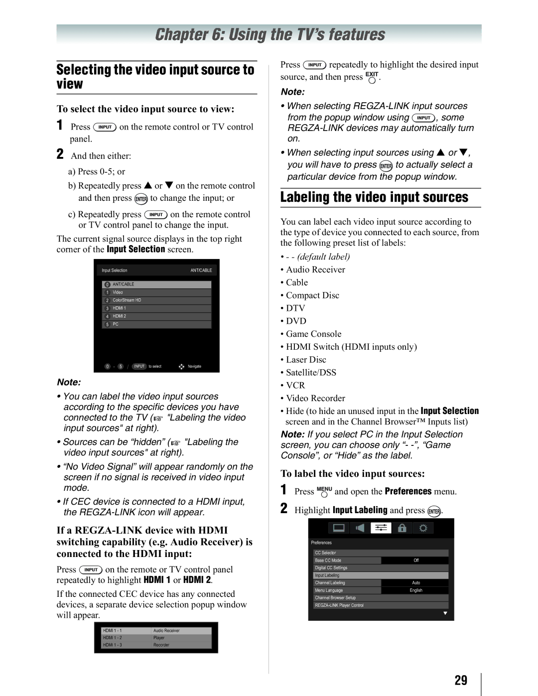 Toshiba 19SL410U manual Using the TV’s features, Selecting the video input source to view, Labeling the video input sources 