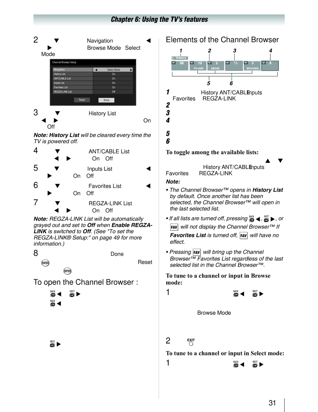 Toshiba 19SL410U manual To open the Channel Browser, Elements of the Channel Browser, To toggle among the available lists 