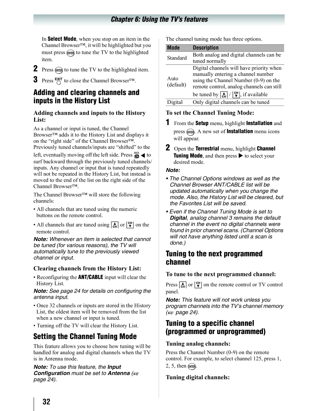 Toshiba 19SL410U manual Adding and clearing channels and inputs in the History List, Setting the Channel Tuning Mode 