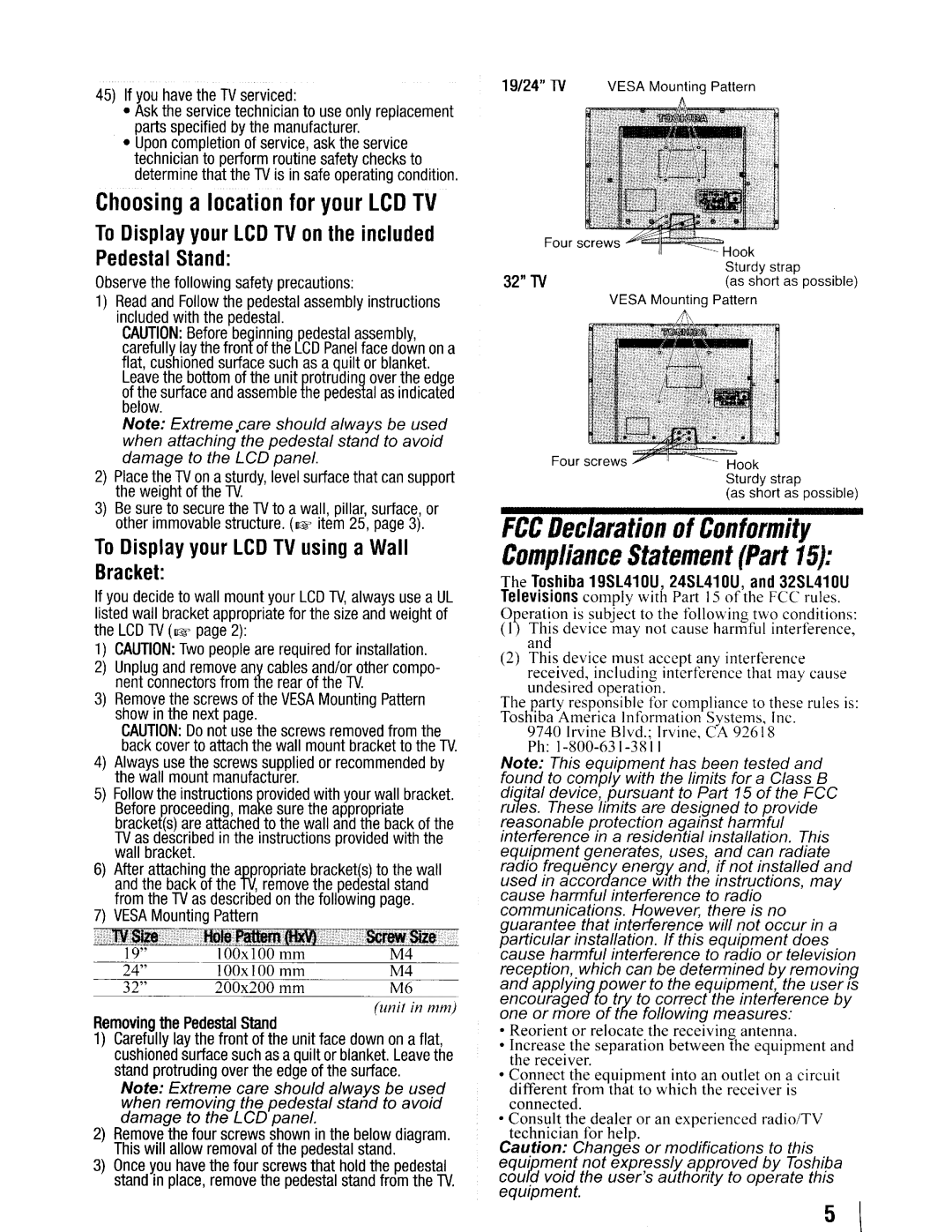 Toshiba 19SL410U manual To Display your LCD TV using a Wall Bracket, Toshiba 19S1410U, 24Sl410U, and 32Sl410U 