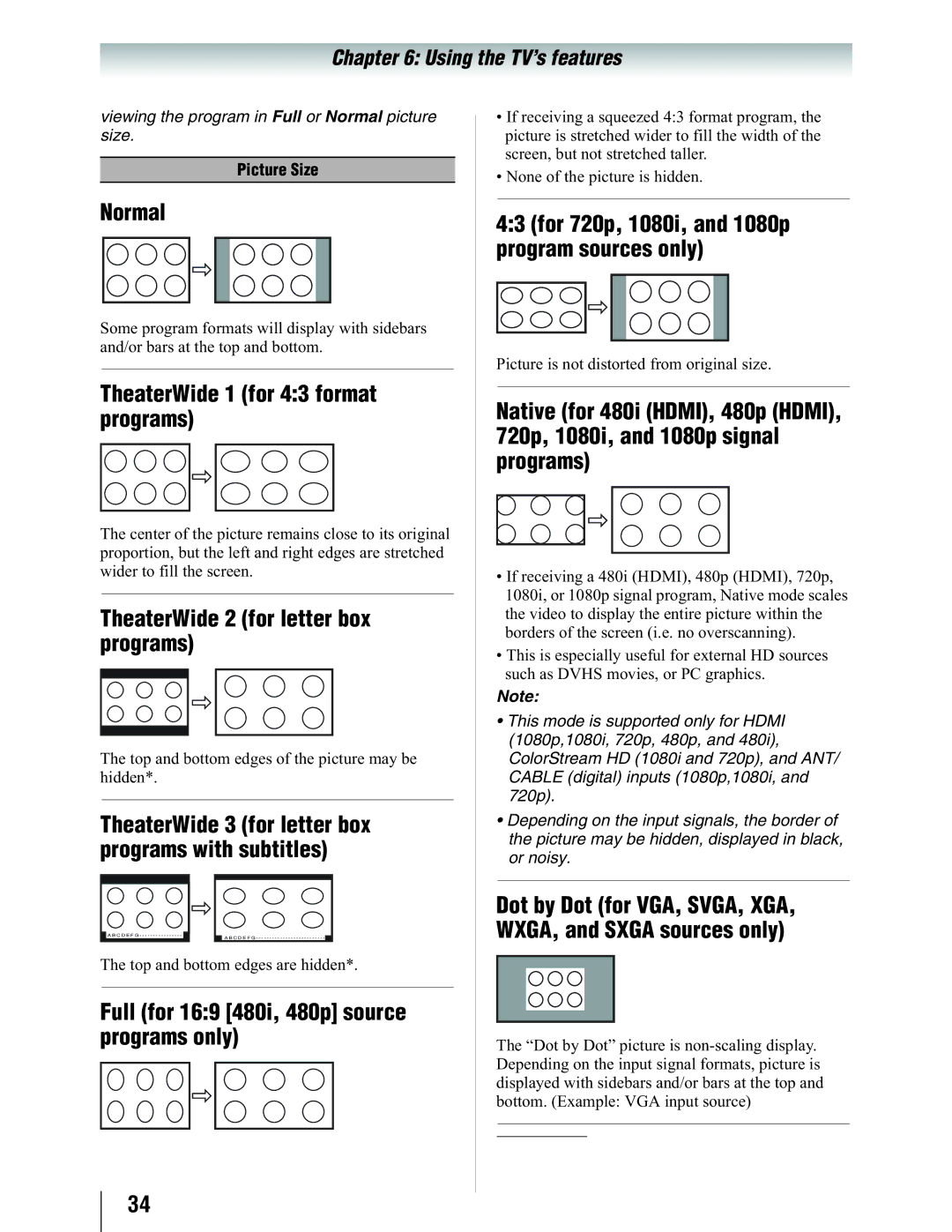 Toshiba 19SL410U manual Normal, TheaterWide 1 for 43 format programs, TheaterWide 2 for letter box programs 