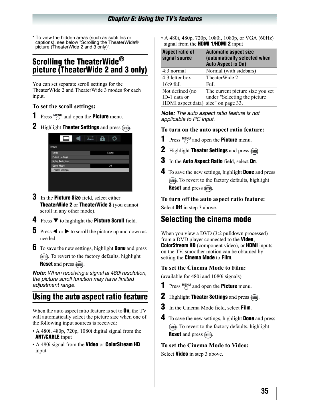 Toshiba 19SL410U manual Selecting the cinema mode, Scrolling the TheaterWide picture TheaterWide 2 and 3 only 