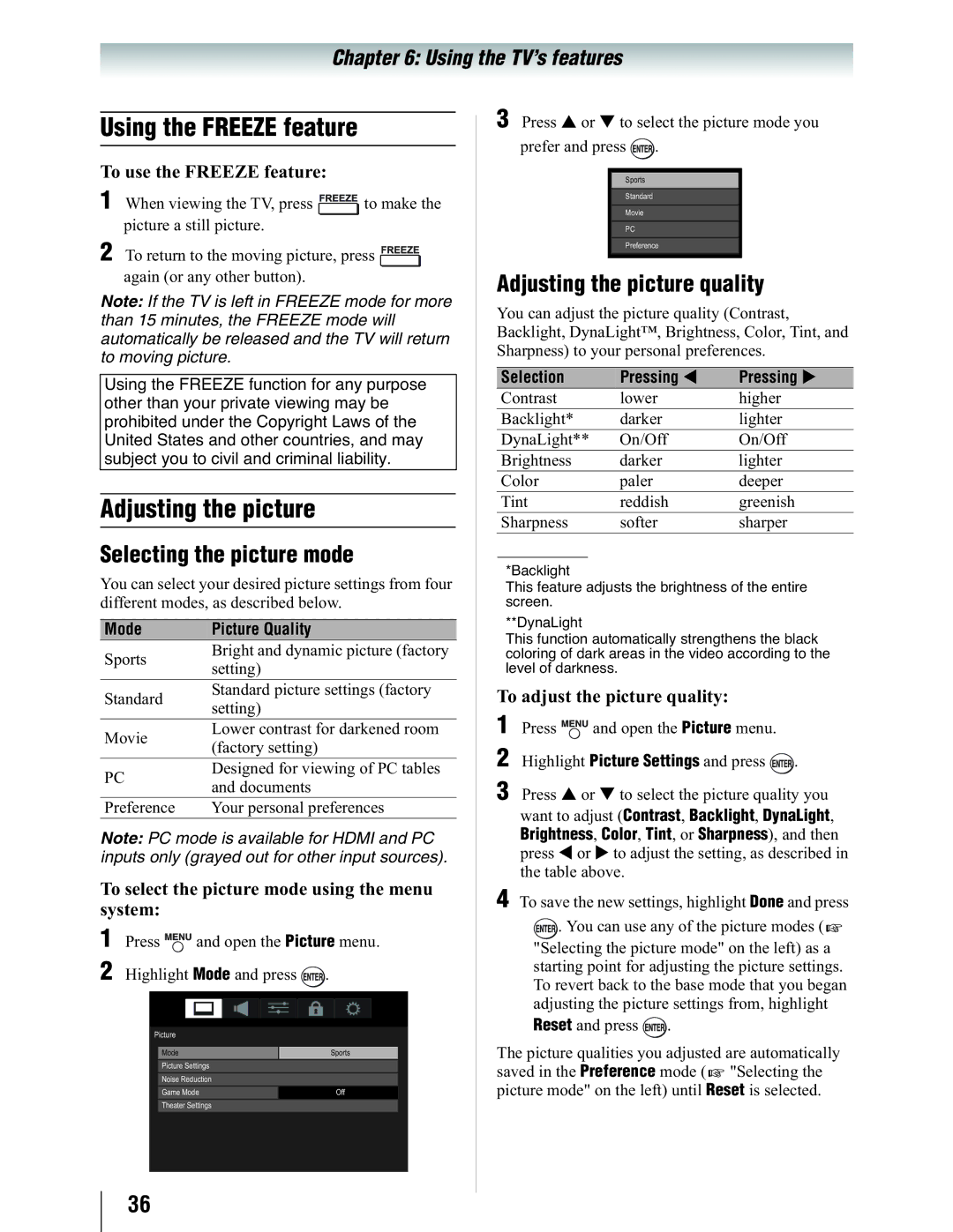 Toshiba 19SL410U manual Using the Freeze feature, Adjusting the picture, Selecting the picture mode 