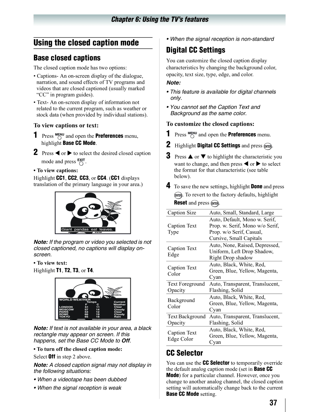 Toshiba 19SL410U manual Using the closed caption mode, Base closed captions, Digital CC Settings, CC Selector 