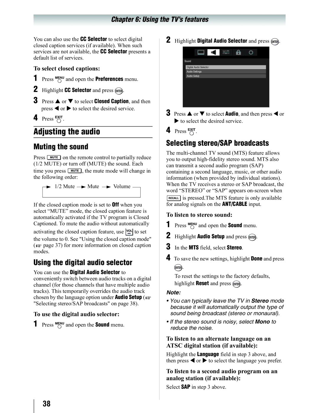 Toshiba 19SL410U Adjusting the audio, Muting the sound, Using the digital audio selector, Selecting stereo/SAP broadcasts 