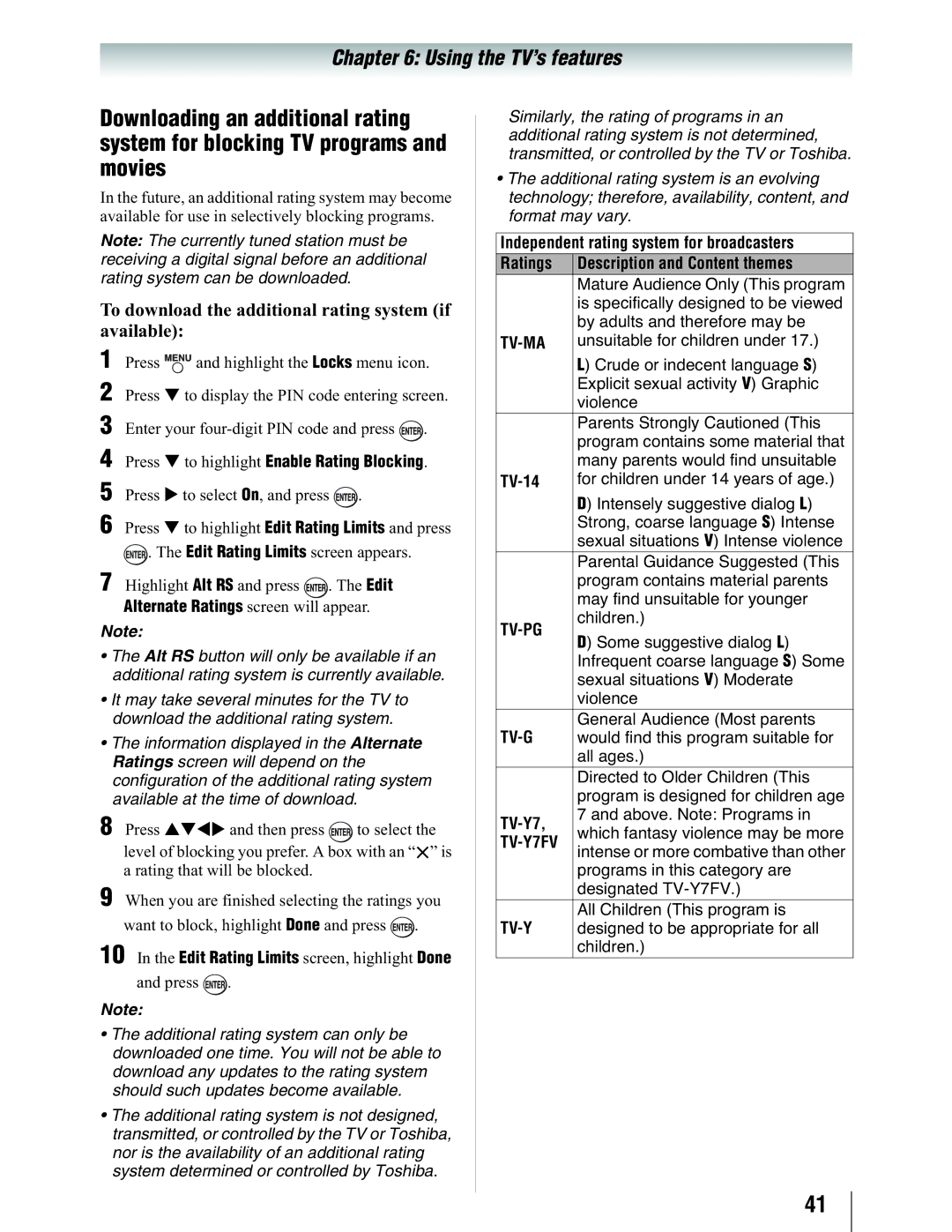 Toshiba 19SL410U To download the additional rating system if available, Press X to select On, and press, TV-14, TV-Y7 