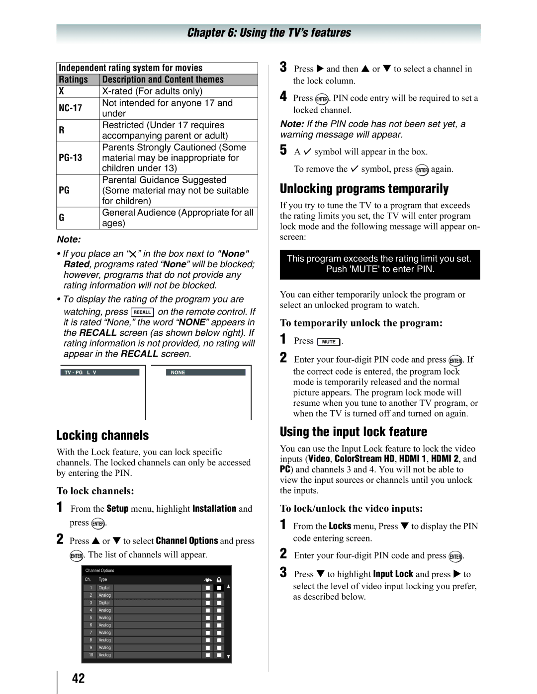 Toshiba 19SL410U manual Locking channels, Unlocking programs temporarily, Using the input lock feature 