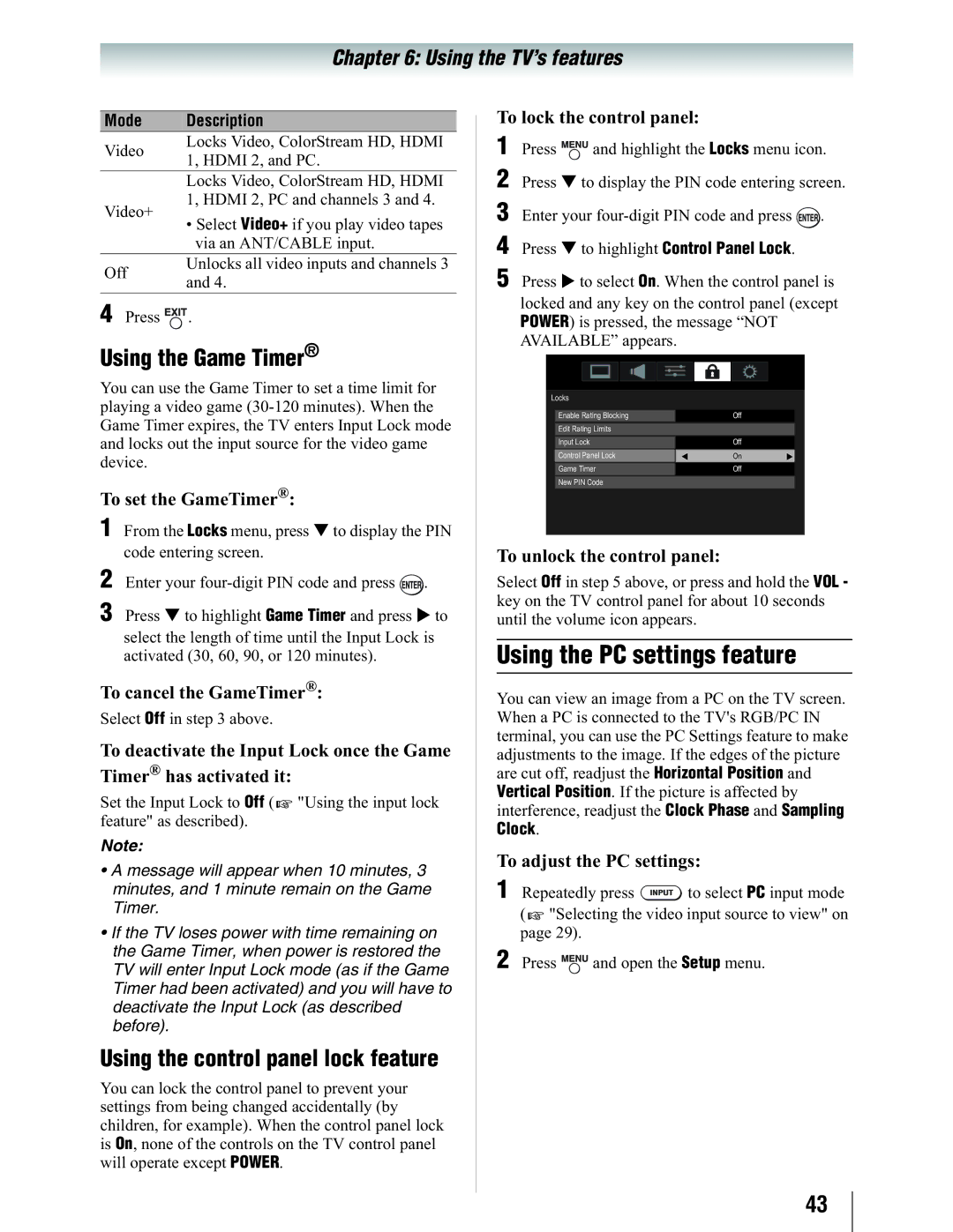 Toshiba 19SL410U manual Using the PC settings feature, Using the Game Timer, Using the control panel lock feature 