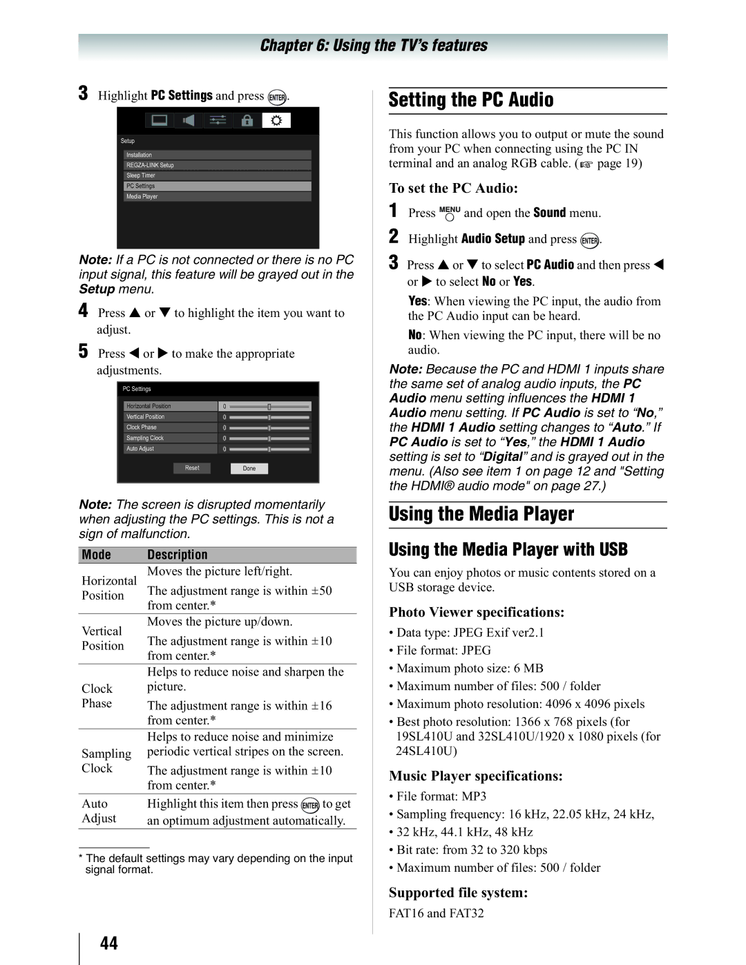 Toshiba 19SL410U manual Setting the PC Audio, Using the Media Player with USB 