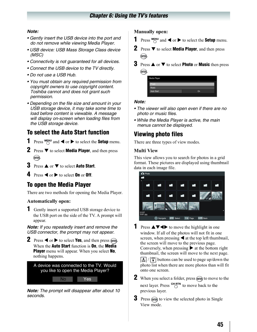 Toshiba 19SL410U manual To select the Auto Start function, To open the Media Player, Viewing photo files 