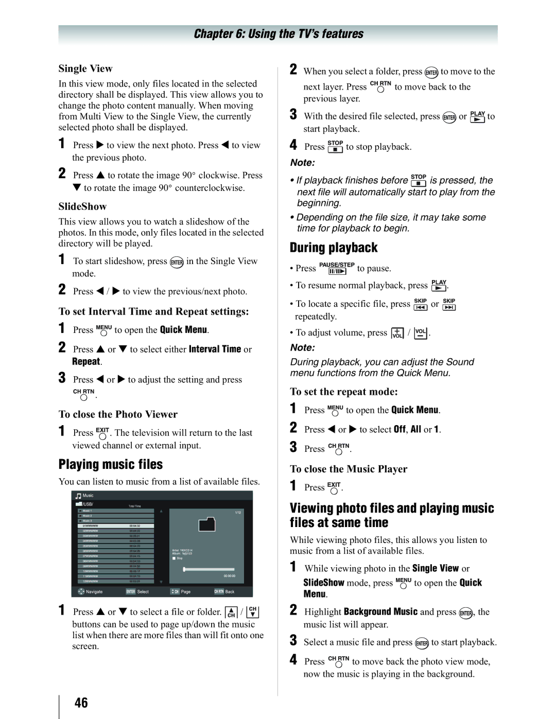 Toshiba 19SL410U manual Playing music files, During playback, Viewing photo files and playing music files at same time 