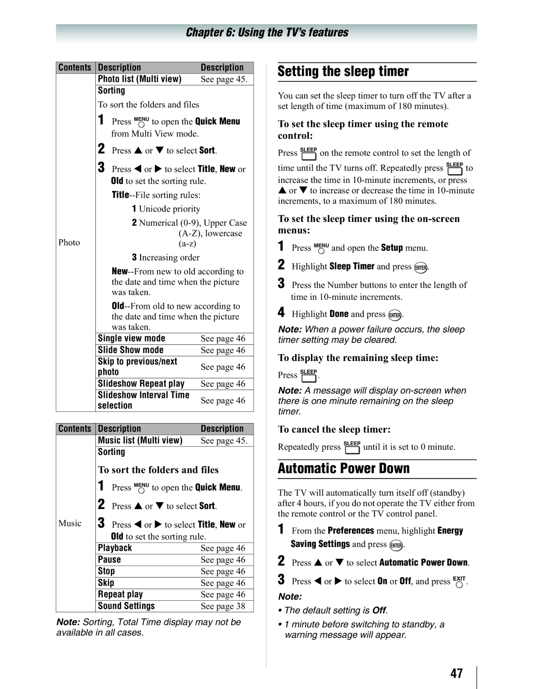 Toshiba 19SL410U manual Setting the sleep timer, Automatic Power Down 