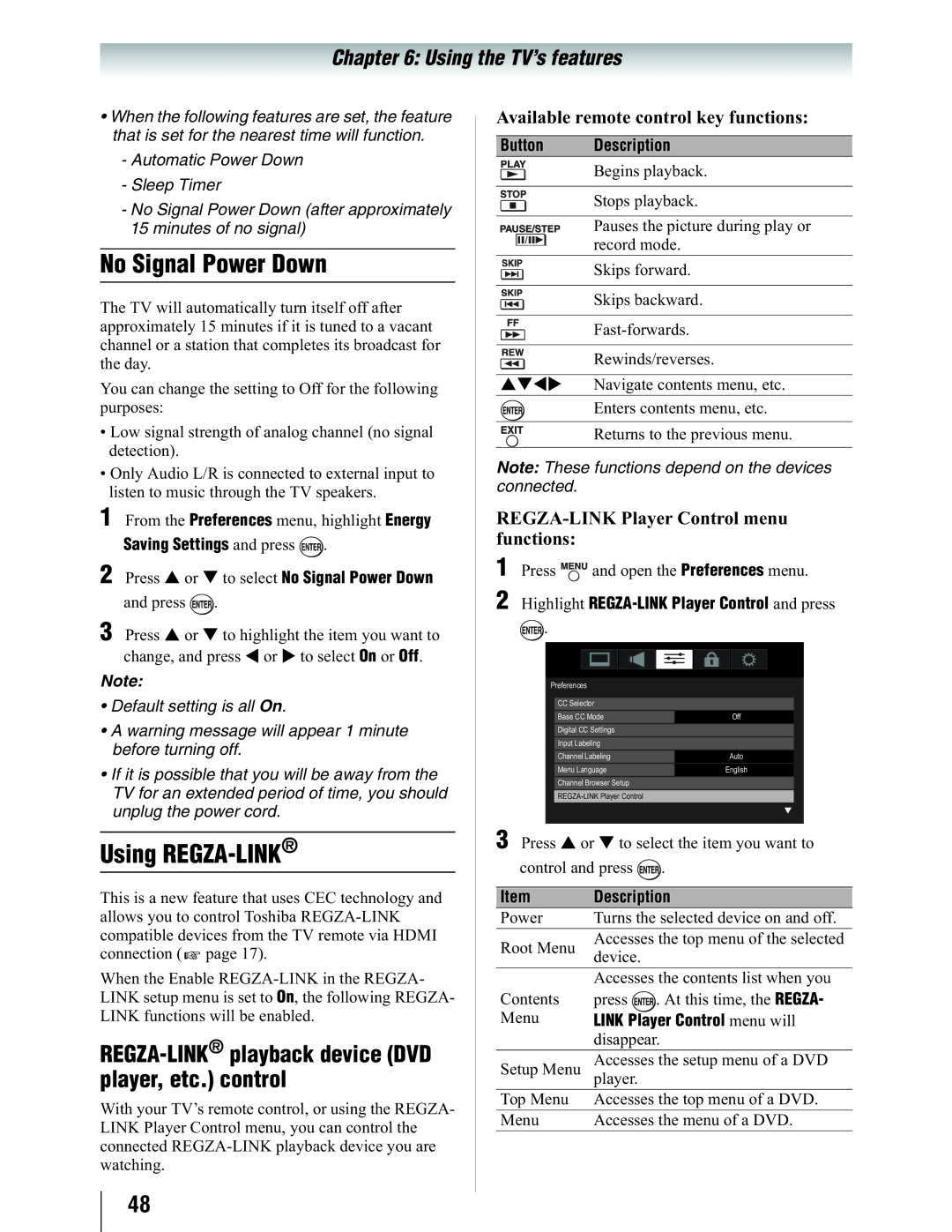 Toshiba 19SL410U manual No Signal Power Down, Using REGZA-LINK, REGZA-LINKplayback device DVD player, etc. control 