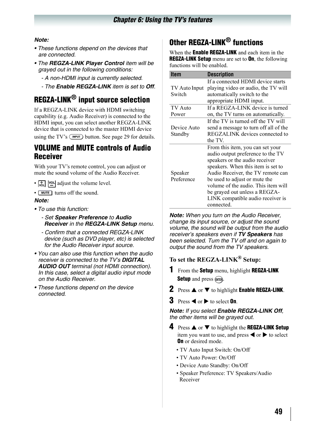 Toshiba 19SL410U REGZA-LINKinput source selection, Volume and Mute controls of Audio Receiver, Other REGZA-LINKfunctions 