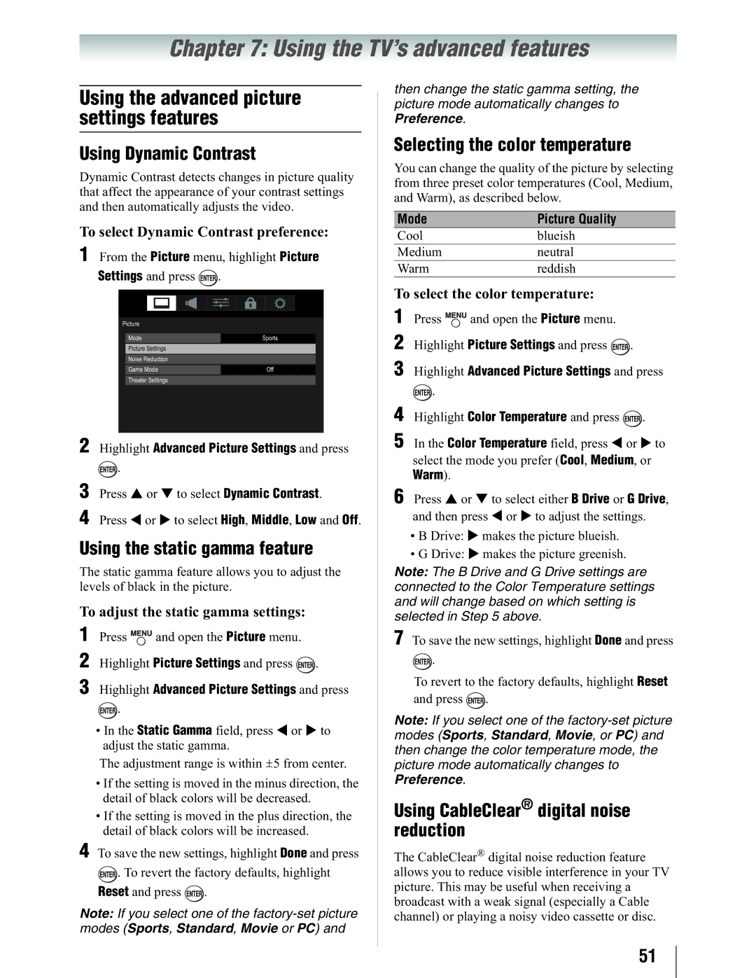 Toshiba 19SL410U manual Using the TV’s advanced features, Using Dynamic Contrast, Using the static gamma feature 