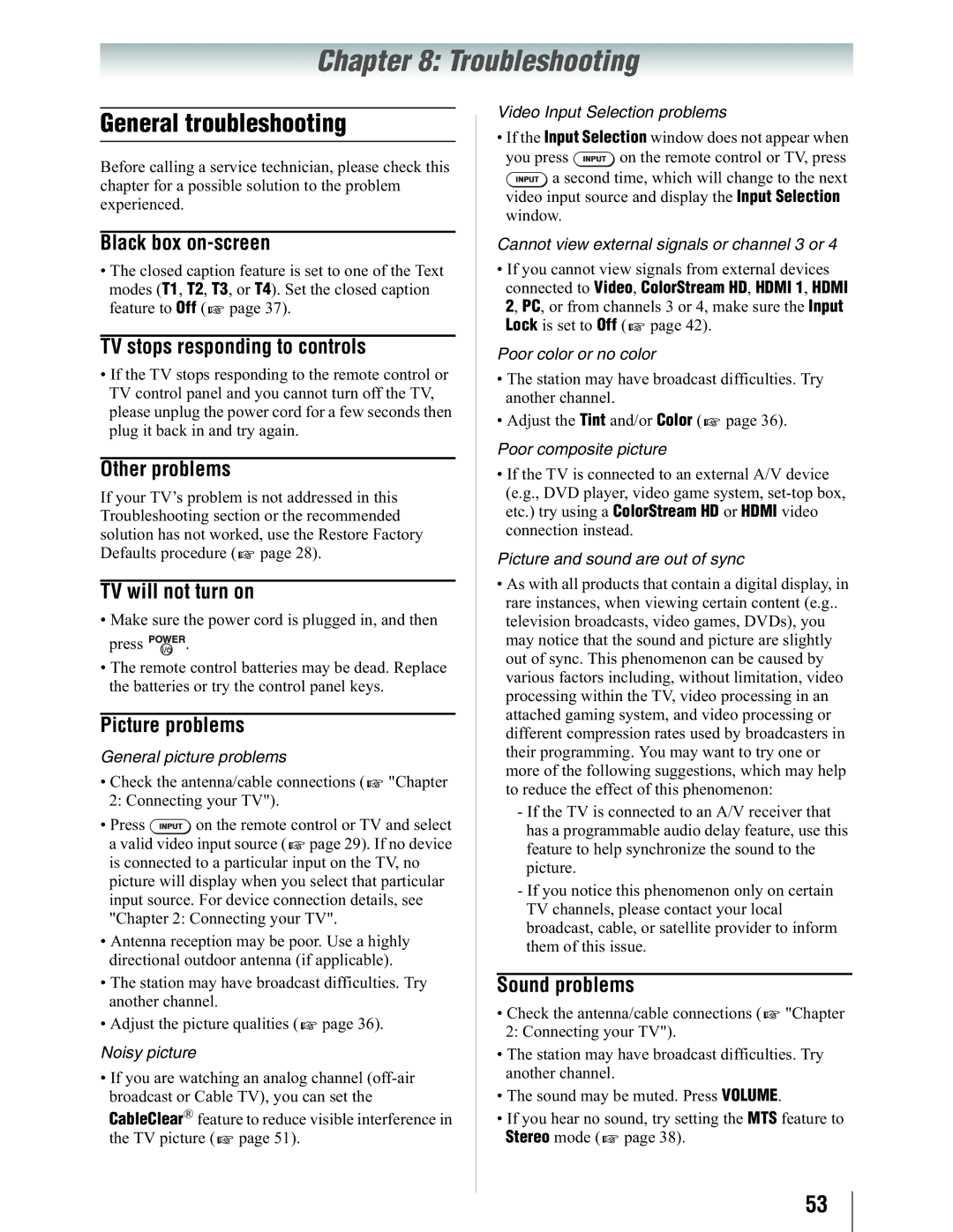 Toshiba 19SL410U manual Troubleshooting, General troubleshooting 