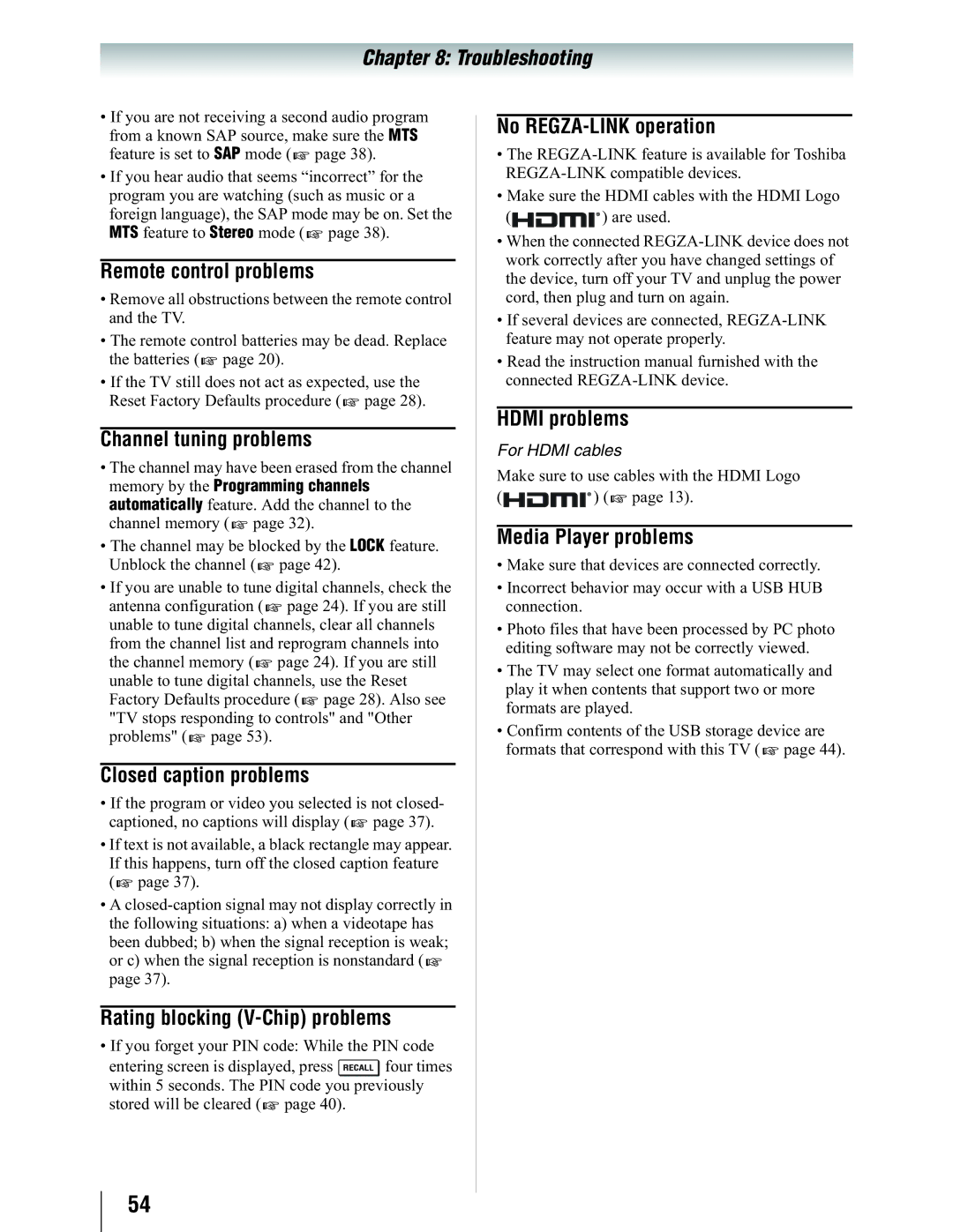 Toshiba 19SL410U manual Remote control problems, Channel tuning problems, Closed caption problems, No REGZA-LINK operation 