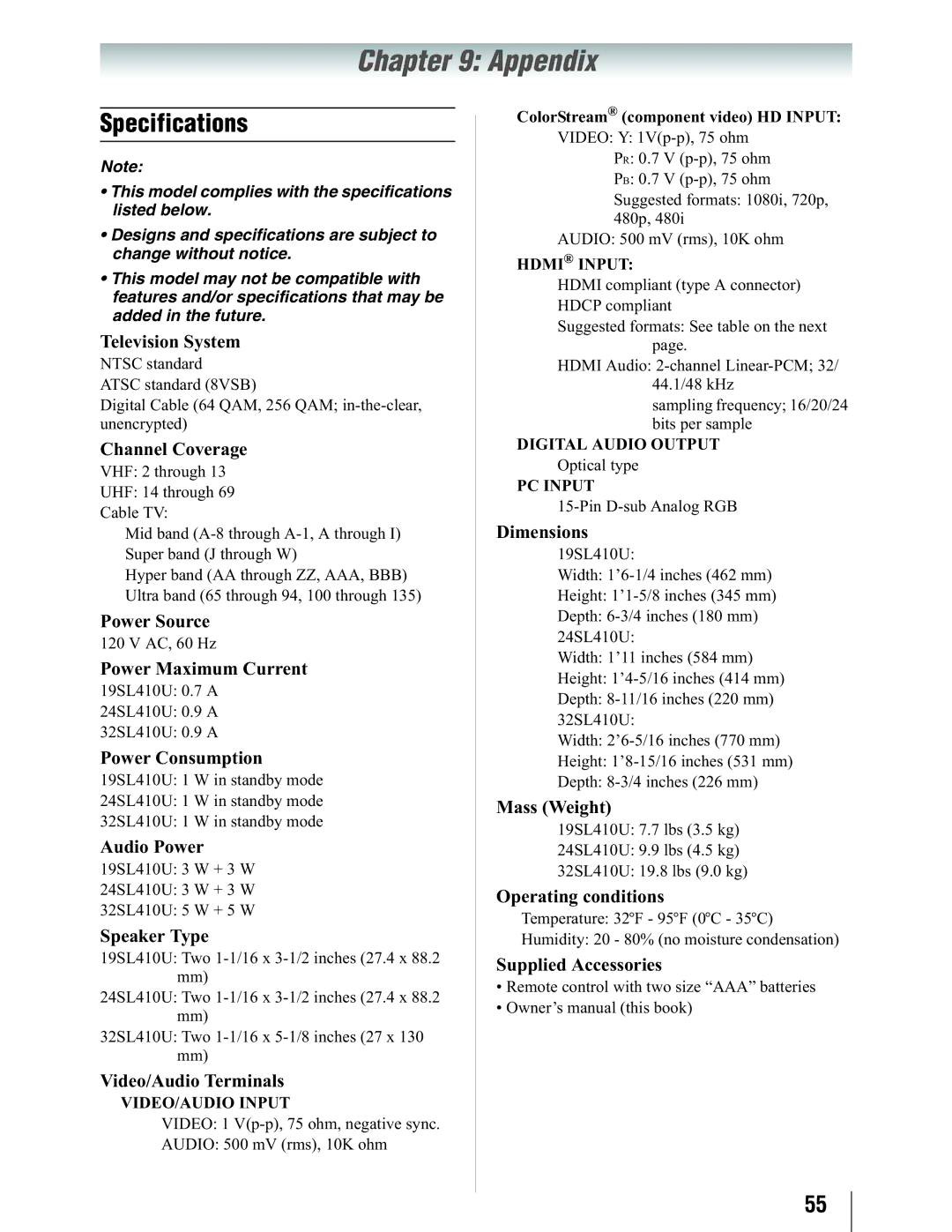 Toshiba 19SL410U manual Appendix, Specifications 