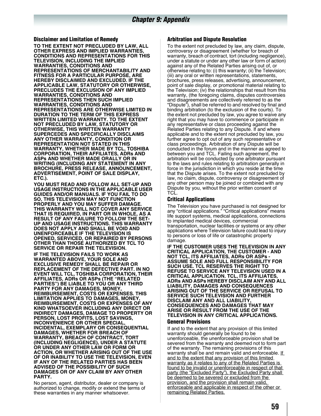 Toshiba 19SL410U manual Disclaimer and Limitation of Remedy, Arbitration and Dispute Resolution, Critical Applications 