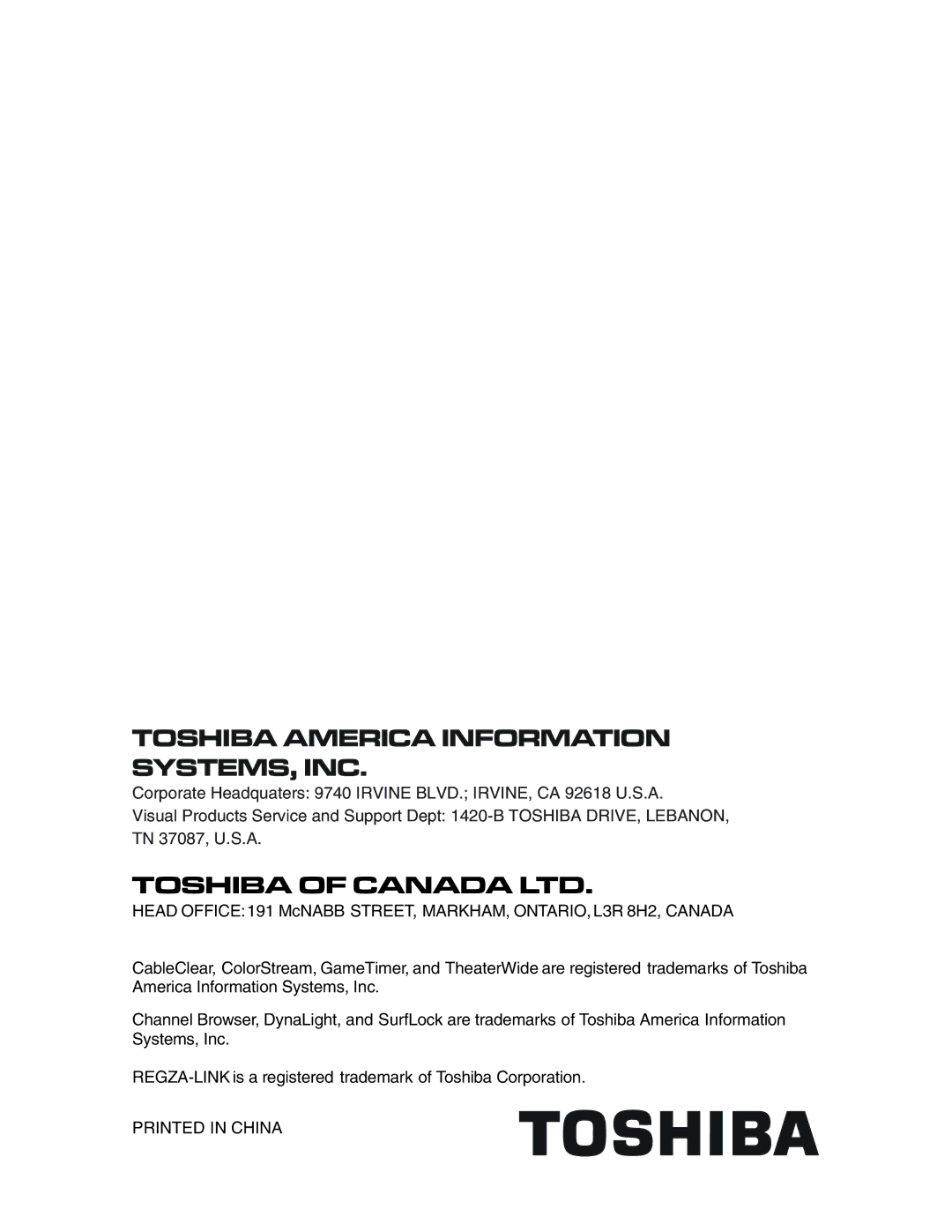 Toshiba 19SL410U manual Toshiba America Information SYSTEMS, INC 