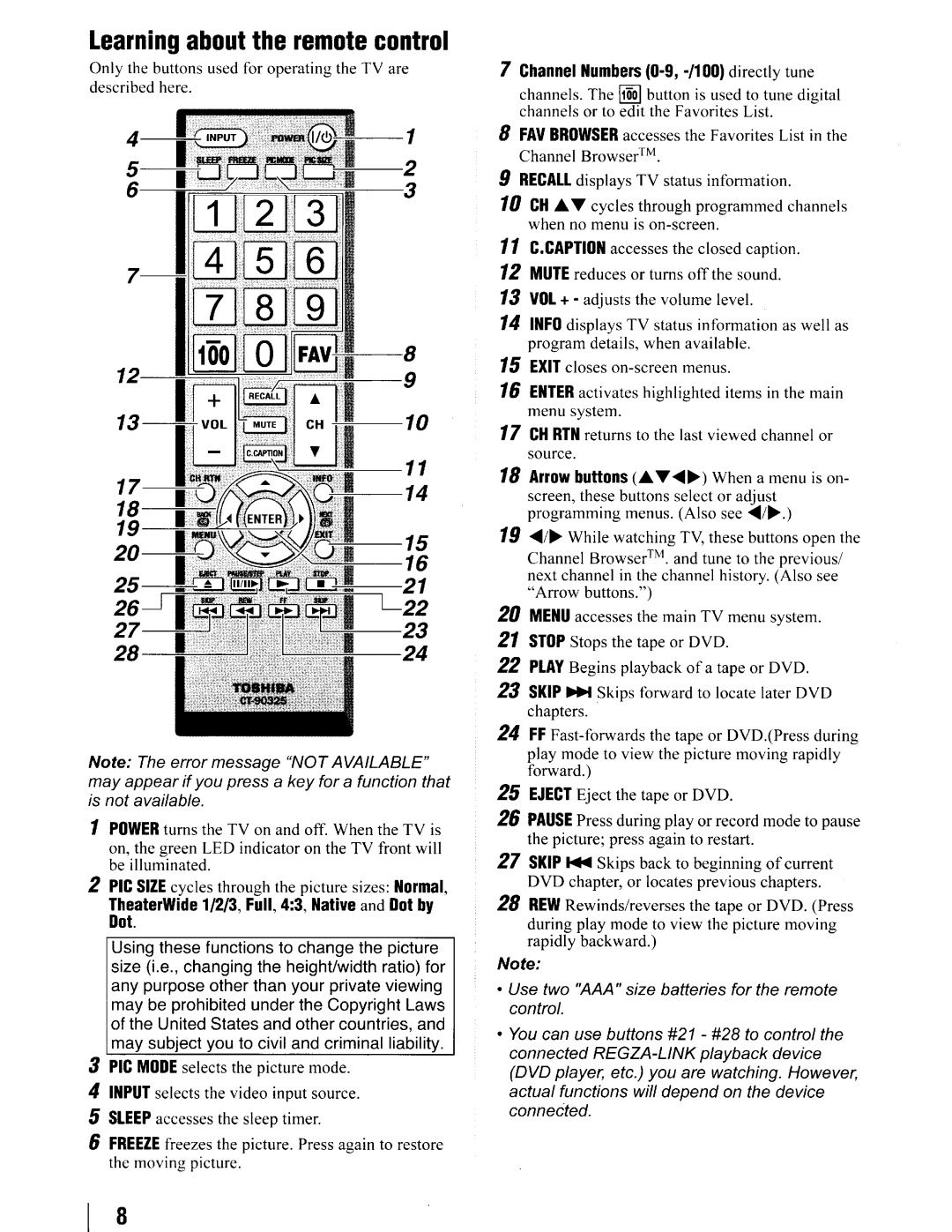 Toshiba 19SL410U manual Learning about the remote control 