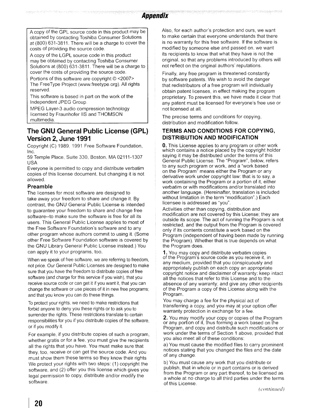 Toshiba 19SLV411U manual GNU General Public License GPL Version 2, June, Preamble 