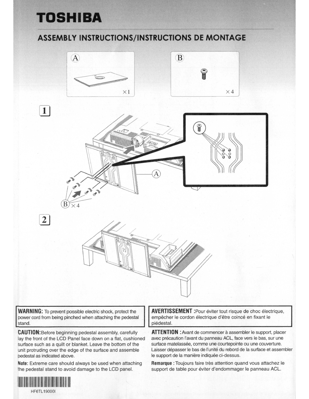 Toshiba 19SLV411U manual Assembly INSTRUCTIONS/INSTRUCTIONS DE Montage, Xlx4 